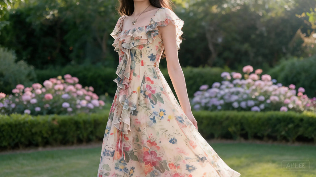 Women's Cream Watercolor Floral Chiffon Maxi Dress Cascading Ruffle Flutter Sleeve Square Neck Boho Gown
