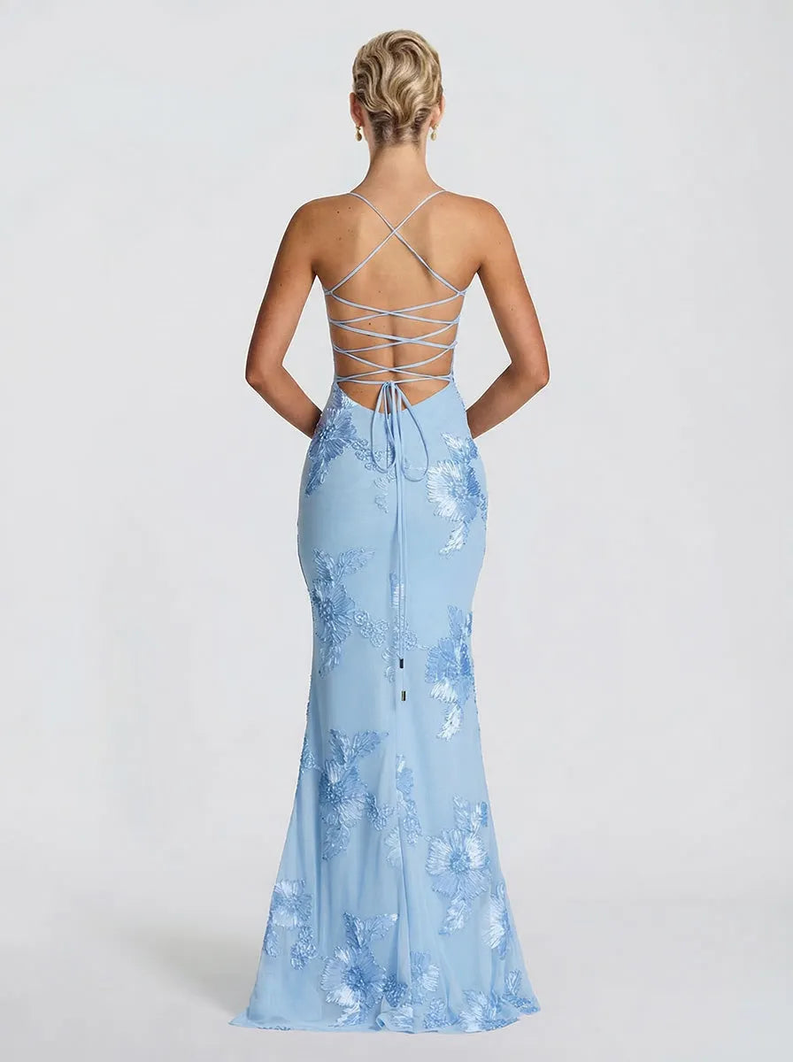 Elegant Floral Embroidered Spaghetti Strap Mermaid Maxi Dress