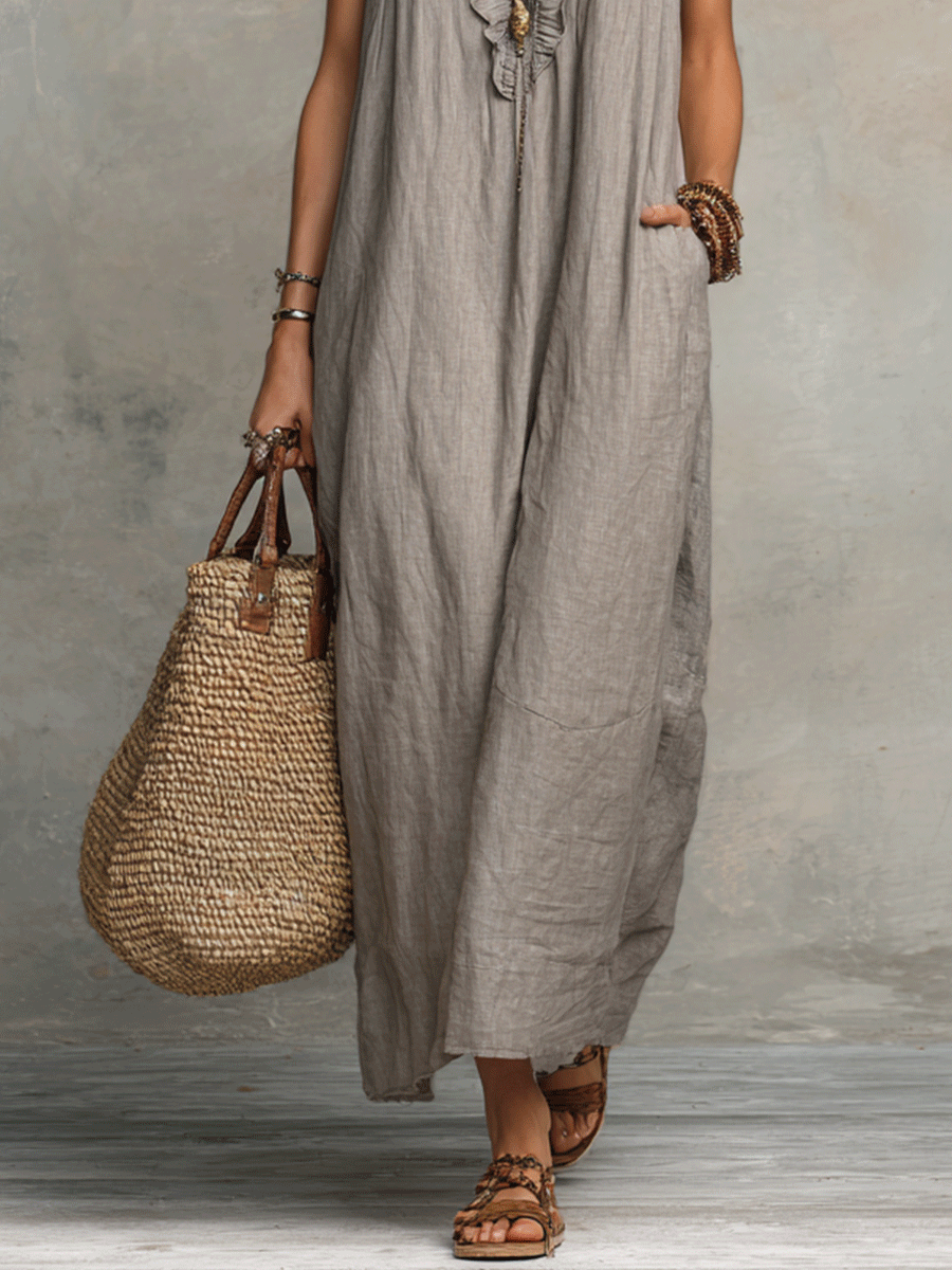 Bohemian Sleeveless Ruffle V-Neck Flowy Maxi Dress