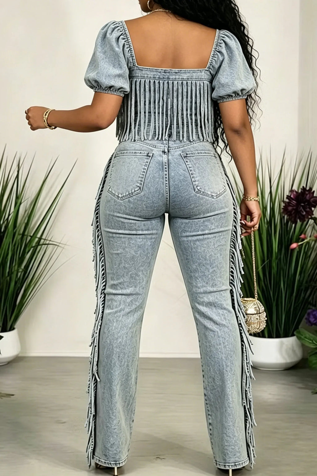 Women's Fashion Puff-Sleeve Fringe Denim Top or Jeans