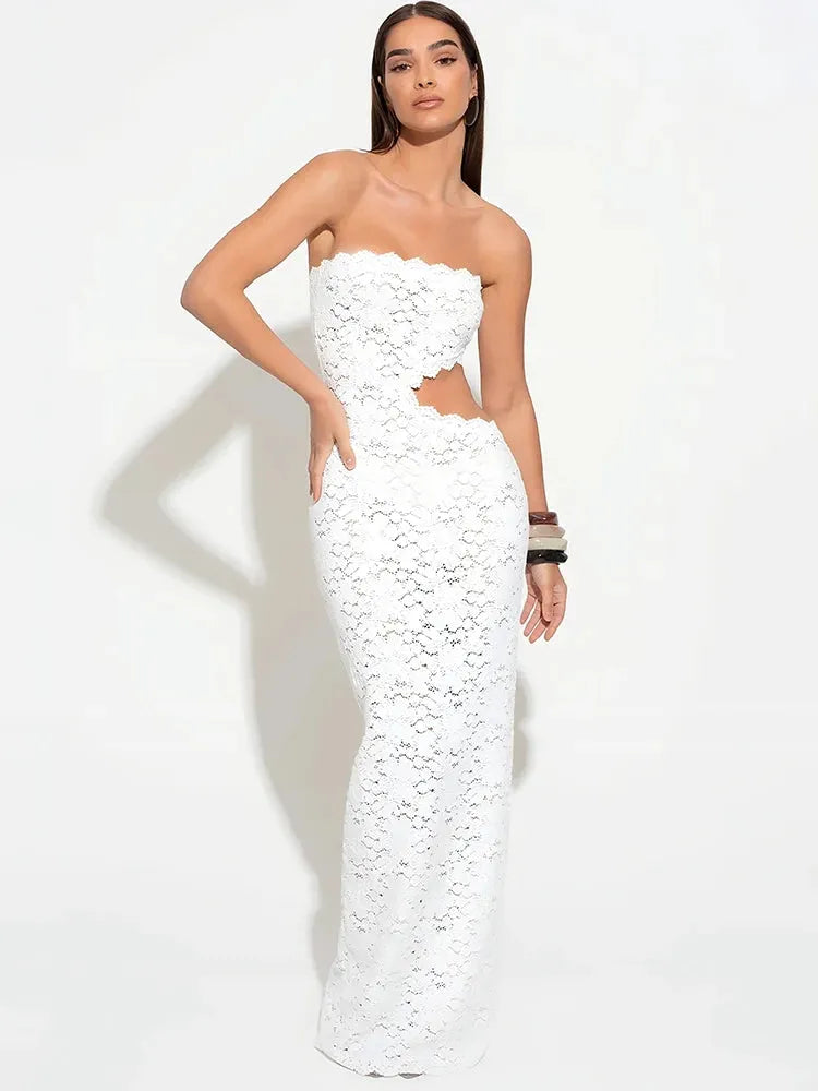 Azmira Strapless Lace Maxi Dress – White & Mustard Yellow Cut-Out Beach Holiday Dress