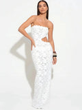 Azmira Strapless Lace Maxi Dress – White & Mustard Yellow Cut-Out Beach Holiday Dress