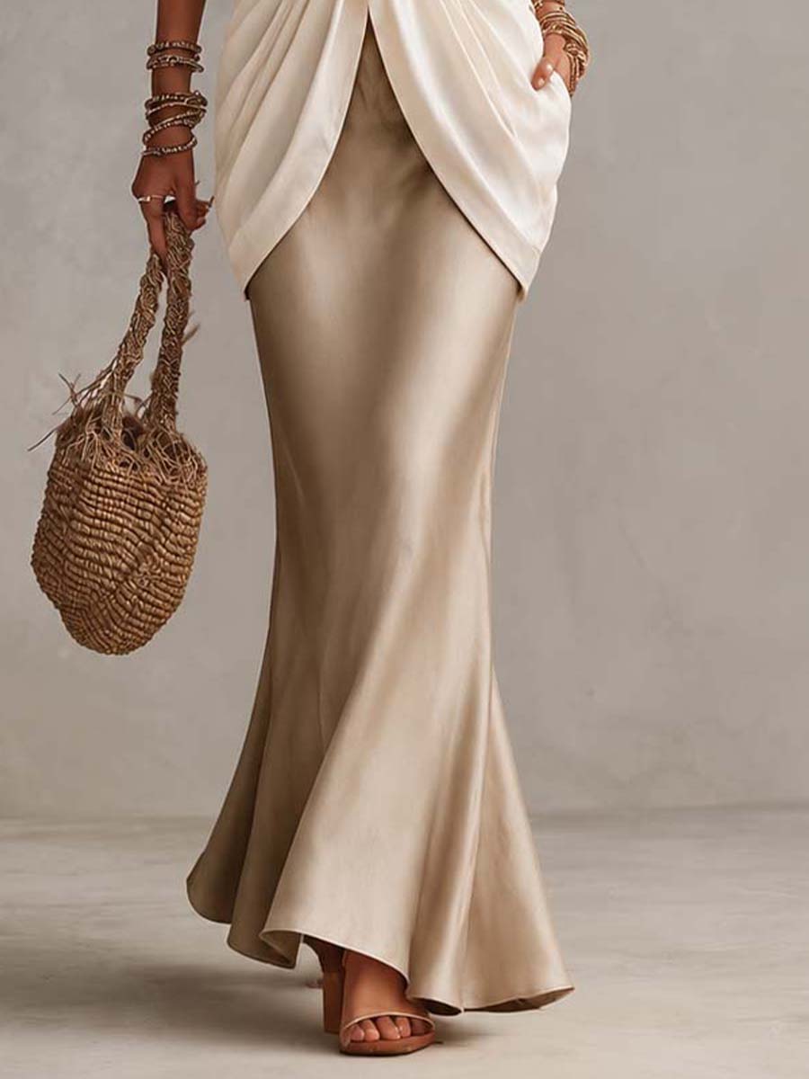V Neck Ruffle Lace Trim Draped Overlay Top Satin Mermaid Maxi Dress Set