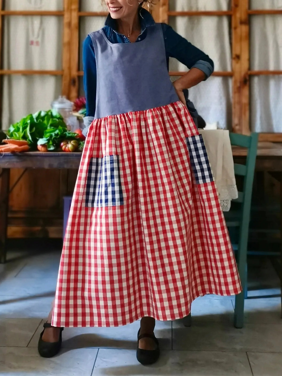 Blue and Red Striped and Checked Patchwork Apron
