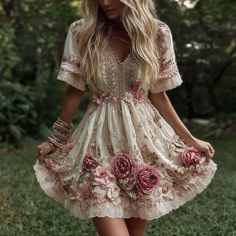 Women's Vintage Flowers Embroidery Art V-neck Short Sleeves Mini Dress