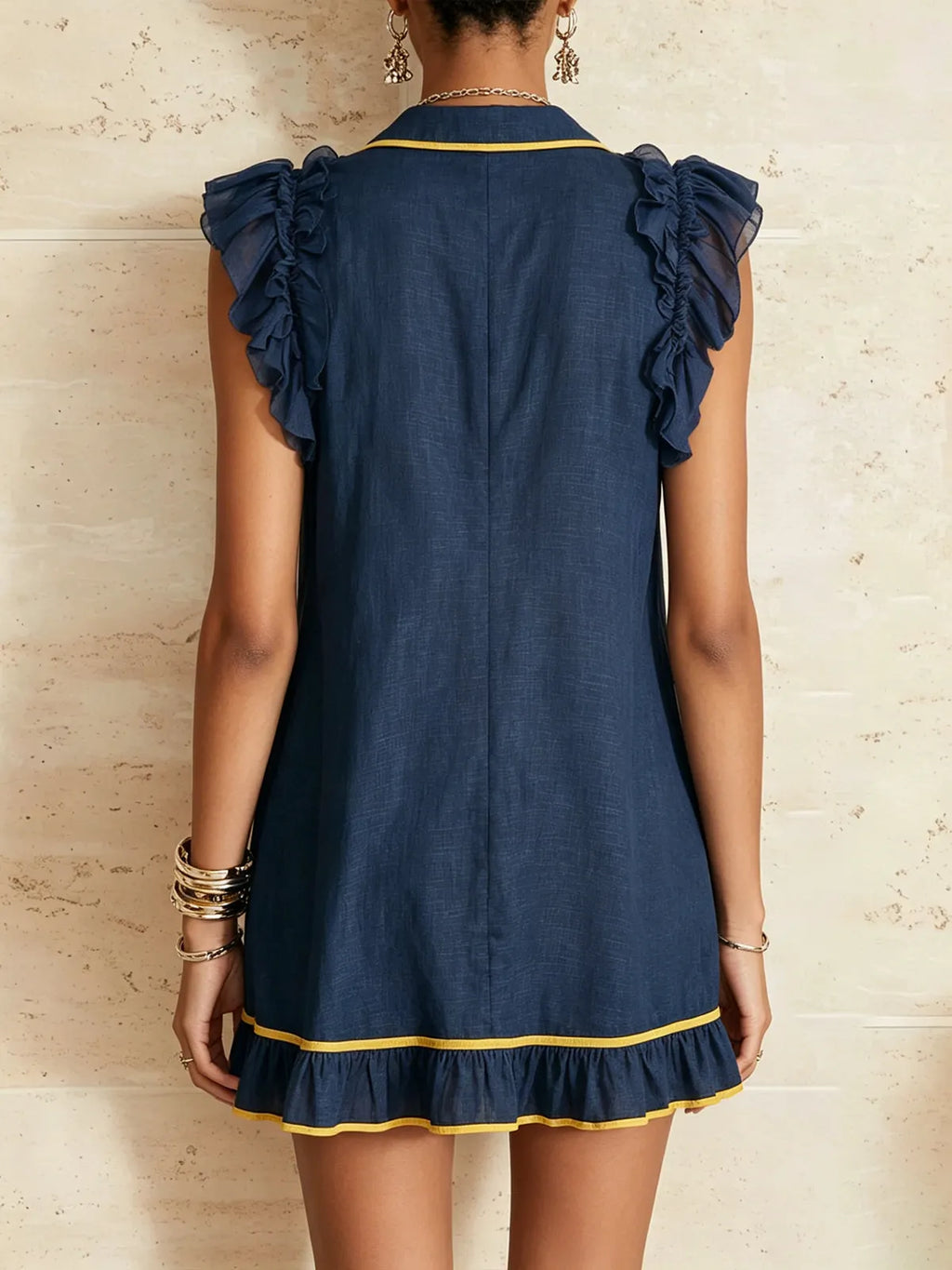 Navy Blue And Yellow Trim Ruffled Loose Mini Dress