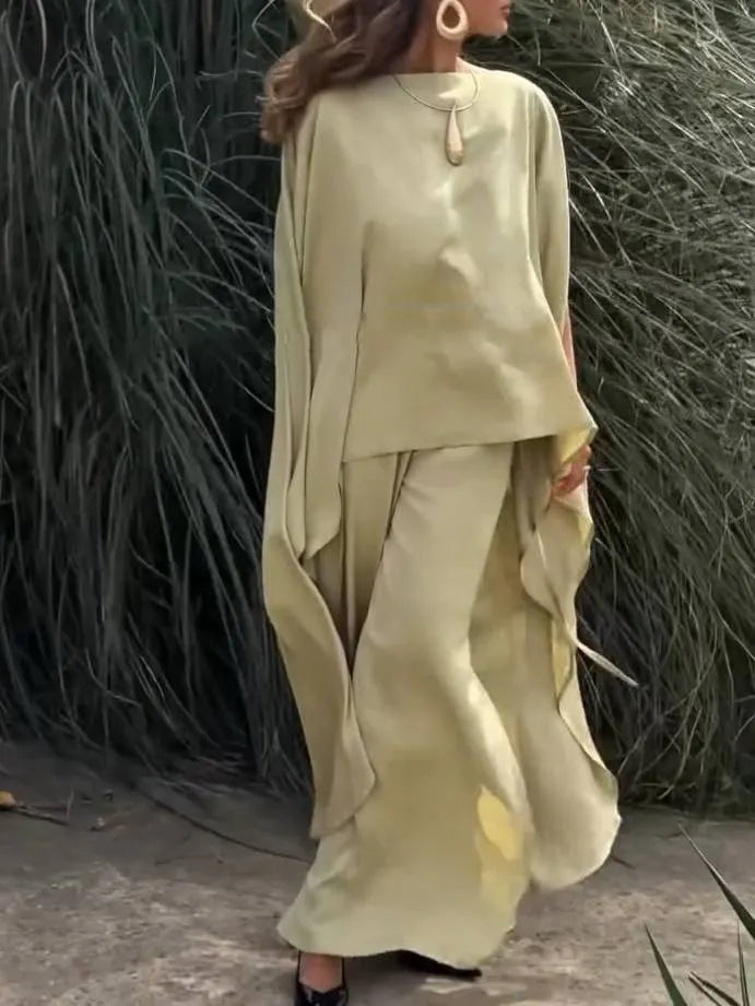 Long Loose Shirt And Side Slit Wide Leg Pants Suit-Pants