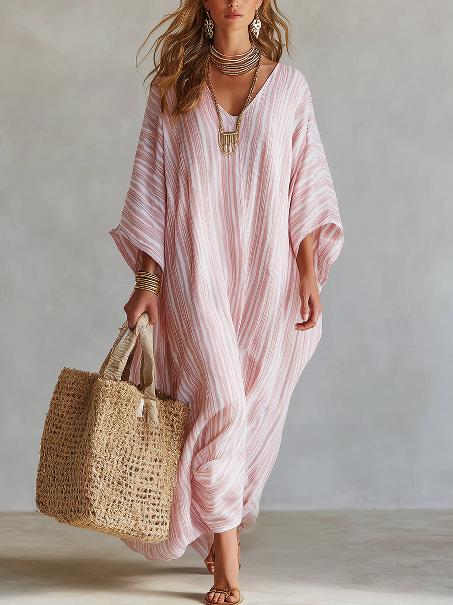 Bohemian-style Soft Pink Striped Kaftan Dress