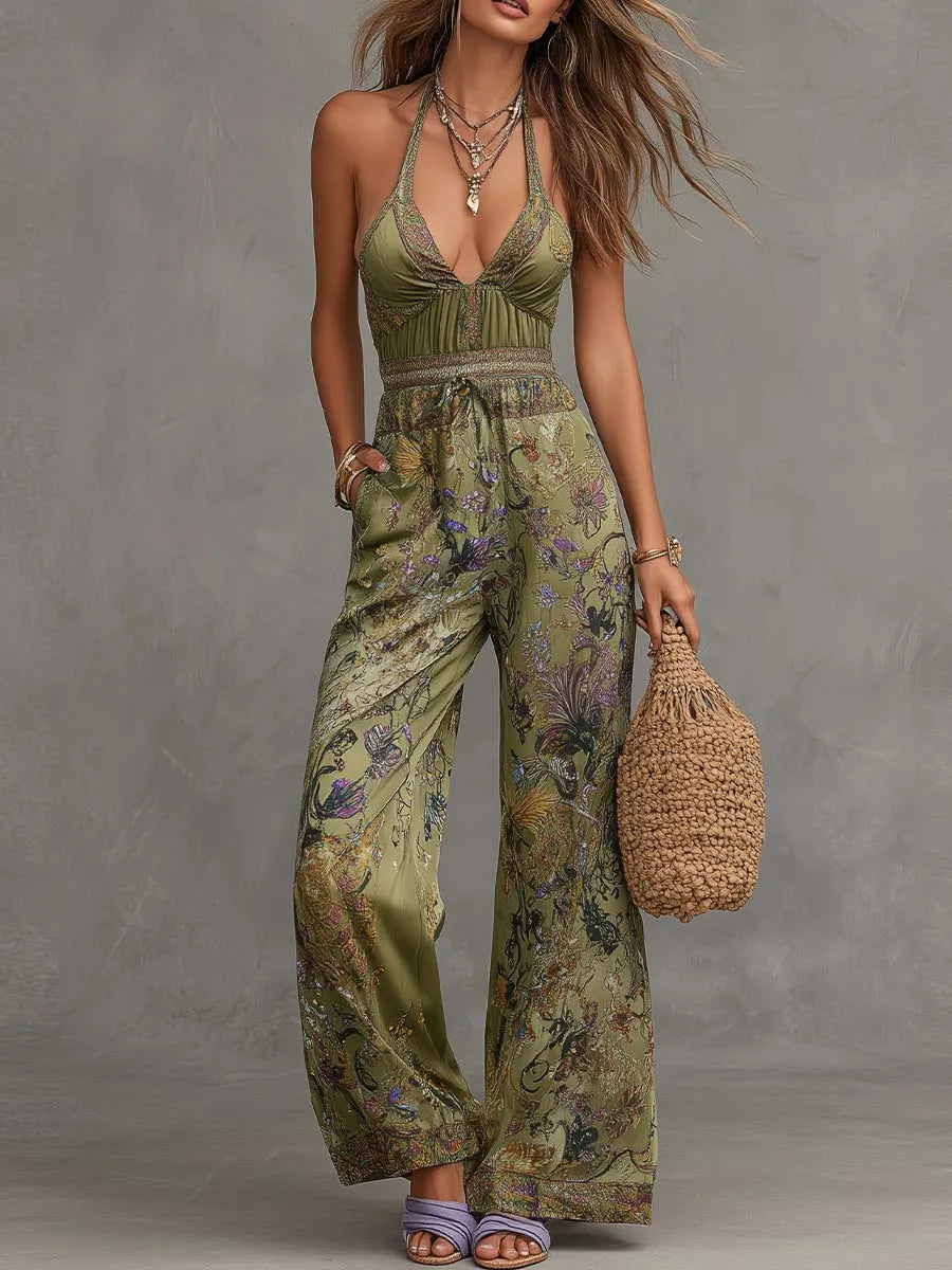 Bohemian Satin Halter Print Wide-Leg Jumpsuit