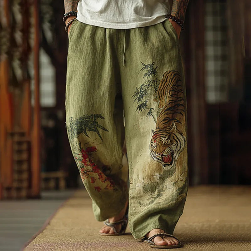 Men's Japanese Tiger And Bamboo Pattern Contrast Wide Leg Linen Pants