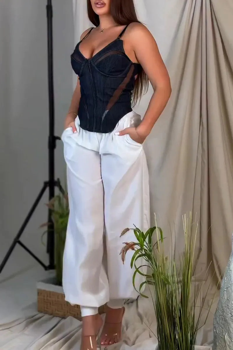 Women's Fashion Mesh Panel Denim Vest