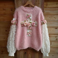 Pink Roses Cross Embroidered Lace Patchwork Cozy Sweater