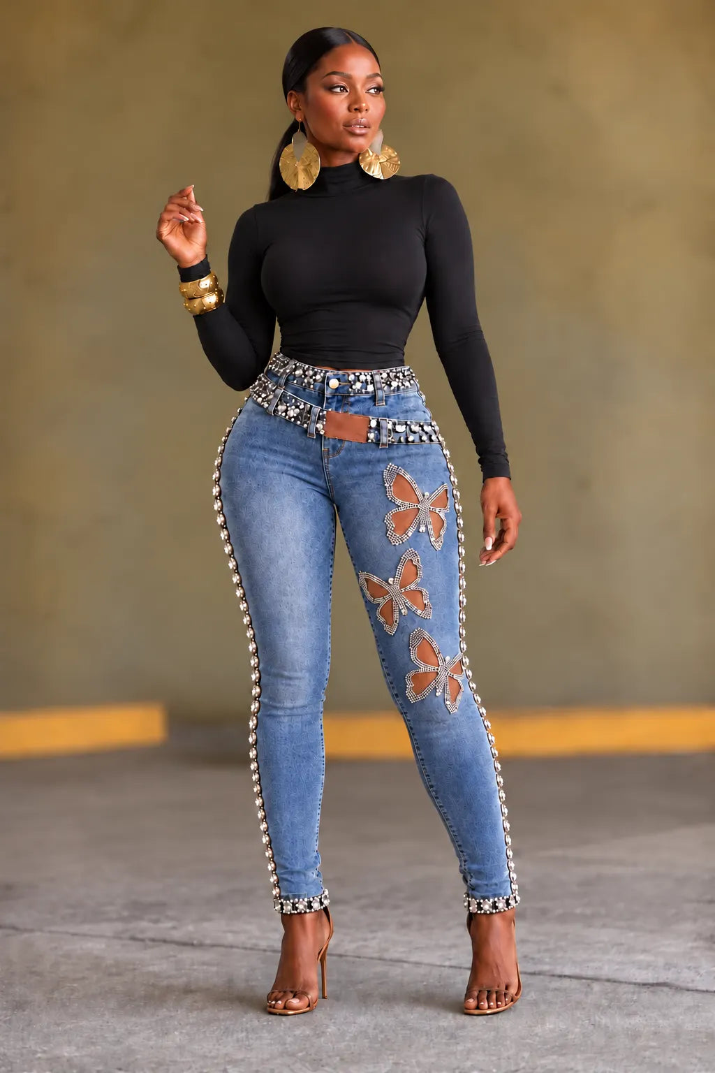 Crystal-Trim Butterfly-Cutout Double-Waist Skinny Jeans
