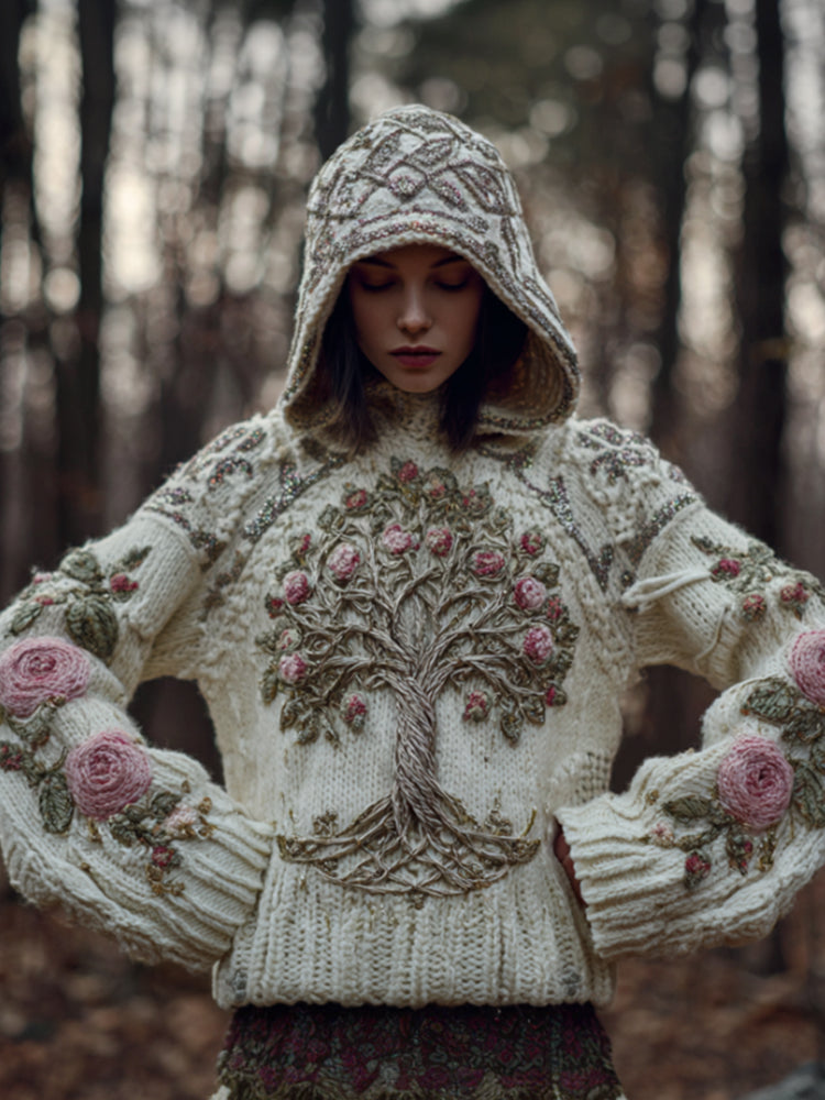Women's Viking Style Tree Of Life And Rose Retro Warm Hooded Sweater