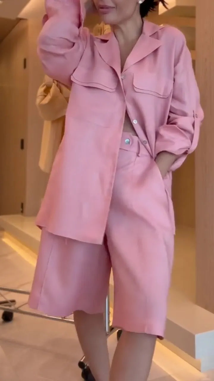 Women's Collared Cotton Linen Casual Suit