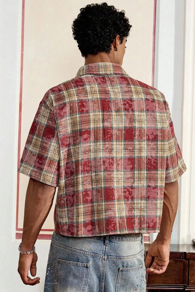 Men Cropped Distressed Plaid Short-Sleeve Shirt with Patches