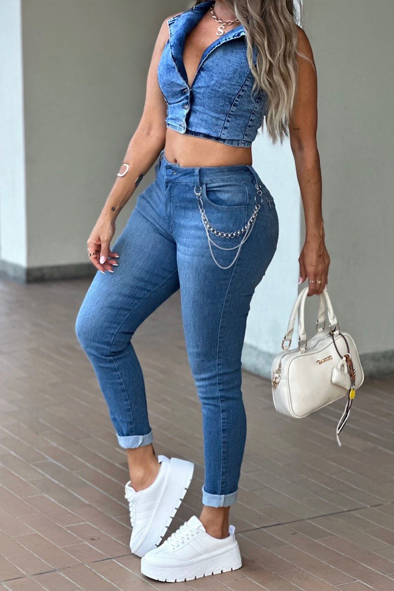 Women's Casual Lapel Button Front Denim Vest or Slim Jeans