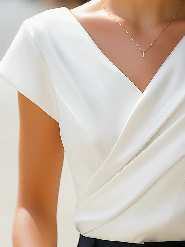 Loose Short Sleeves Asymmetric Pleated Solid Color Split-Joint V-Neck T-Shirts Tops