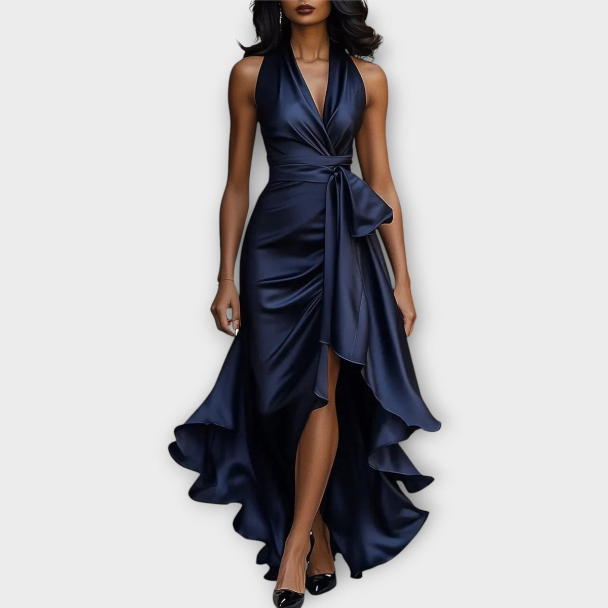 Satin Halter Gown with Draped Waist Tie