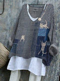 Lovely Cats Japanese Sashiko Art Patchwork Linen Blend Tunic