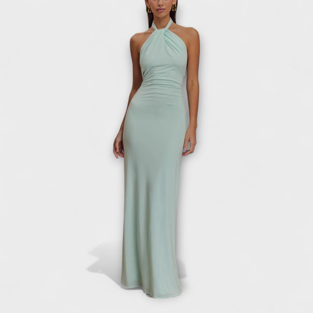 Long Dress with Neck Tie and Satin Texture