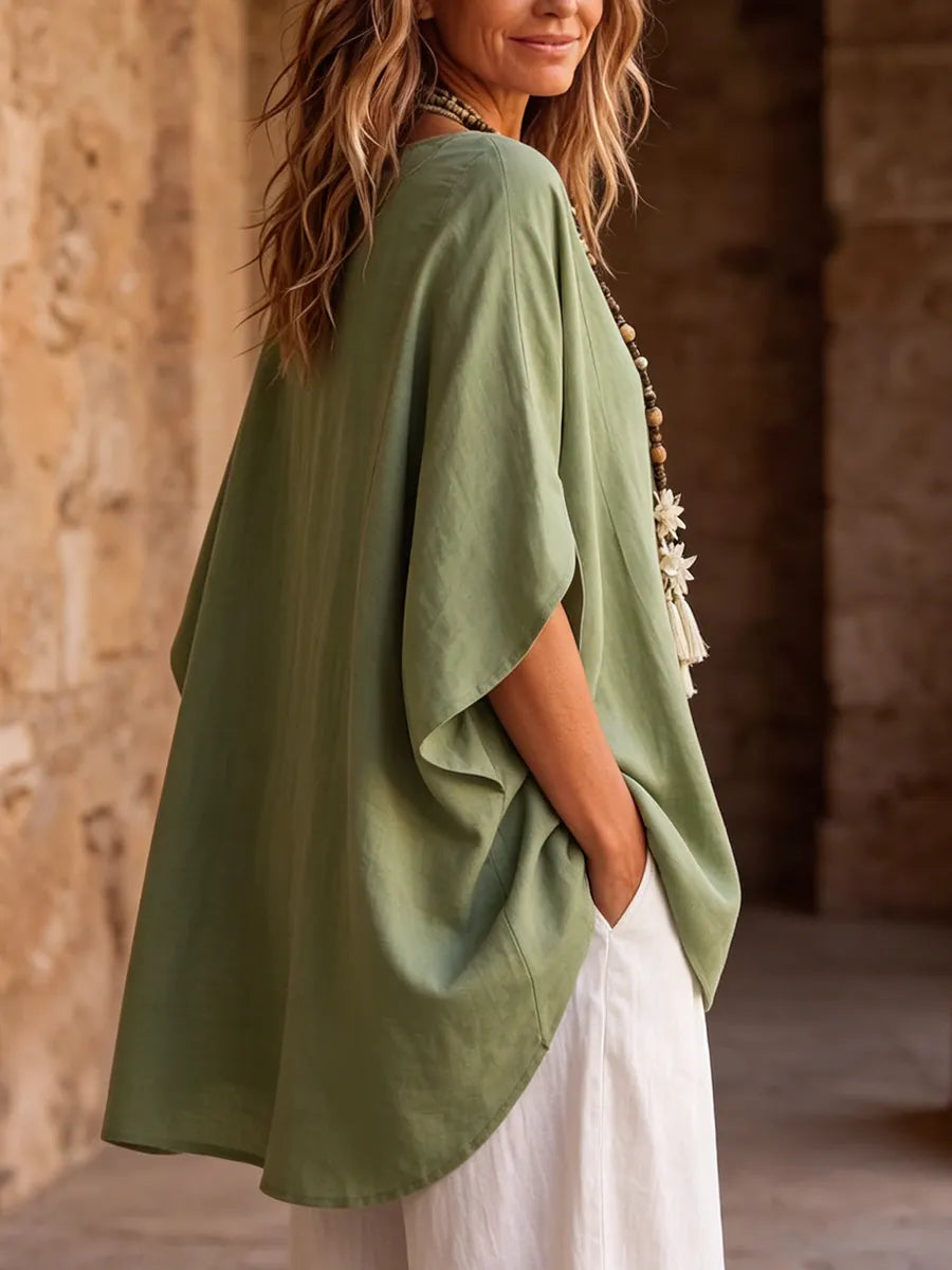 Relaxed Flattering Cotton-linen Batwing-sleeve Top
