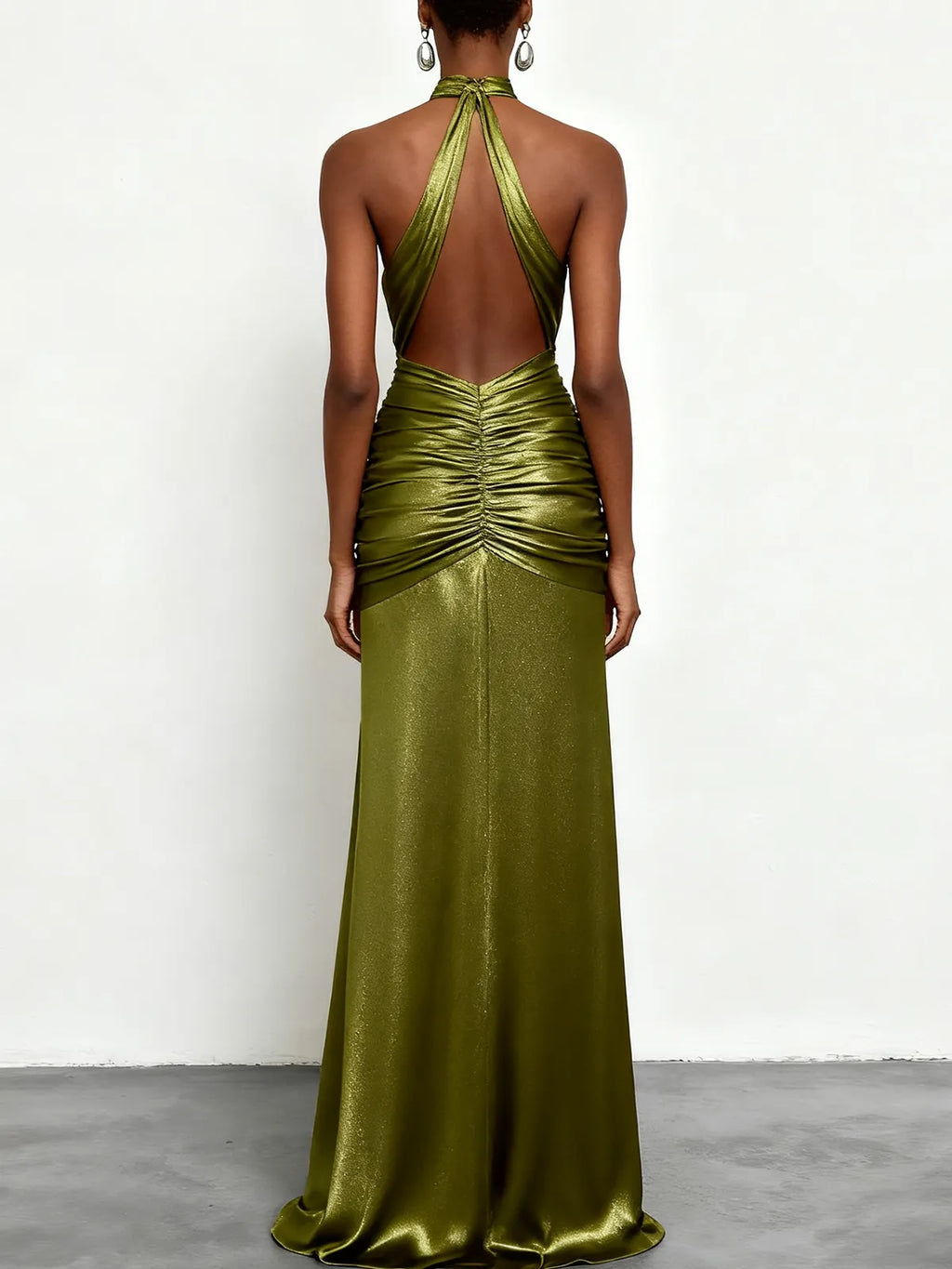 Green Ruched Side-Slit Satin Halter Sleeveless A-Line Gown Dress