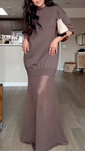 Women's Round-Neck Long Dress with Sheer Paneling