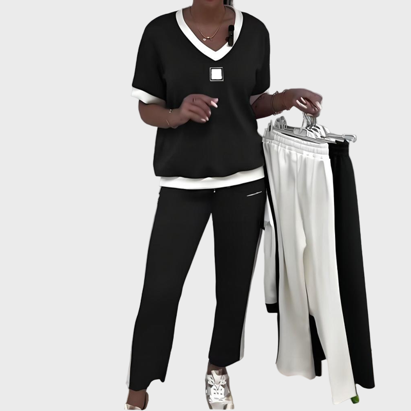 Women's Casual Set with Top and Trousers with V Neckline
