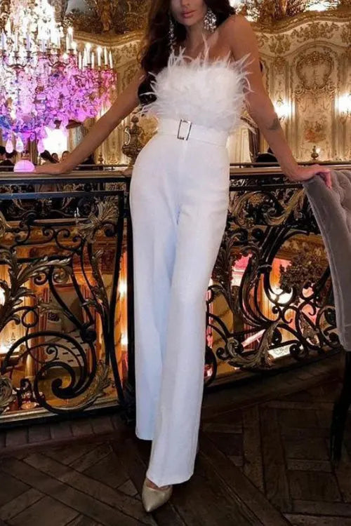 Feather Sexy Off Shoulder Sleeveless Slim Jumpsuit