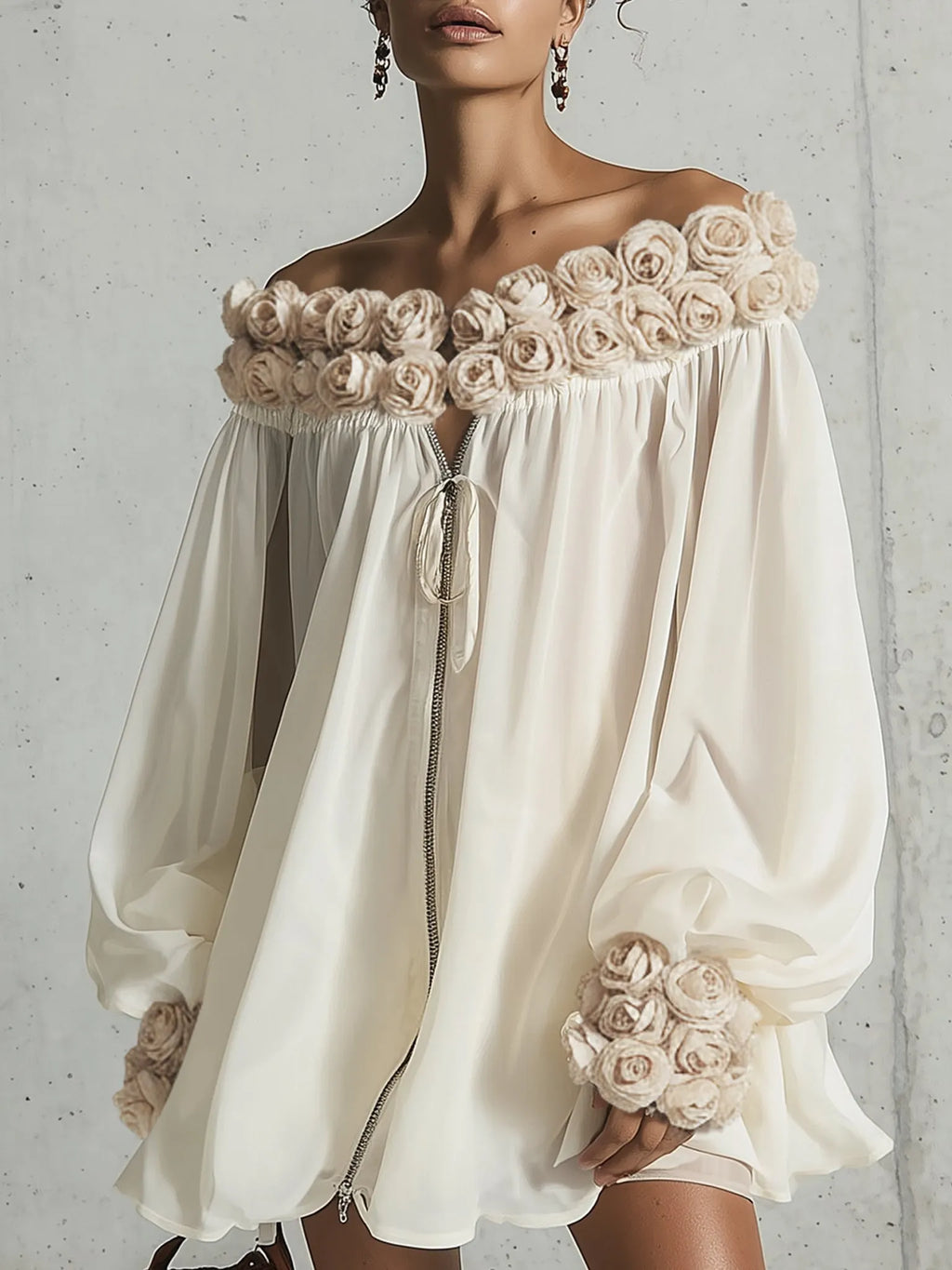 24-Hour-Shipping Cream 3D Floral Chiffon Zip Mini Dress