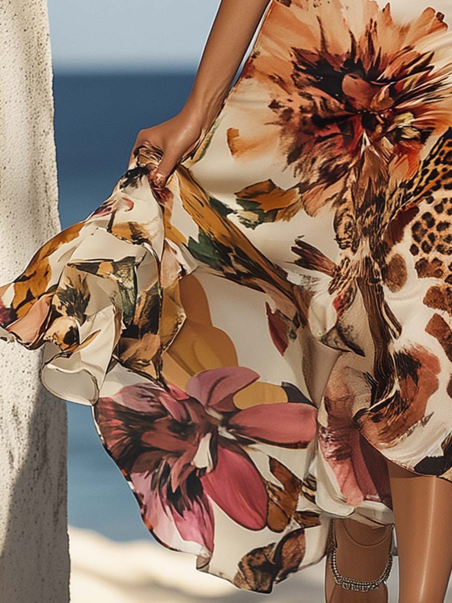 Halter Neck Leopard and Floral Print Midi Dress