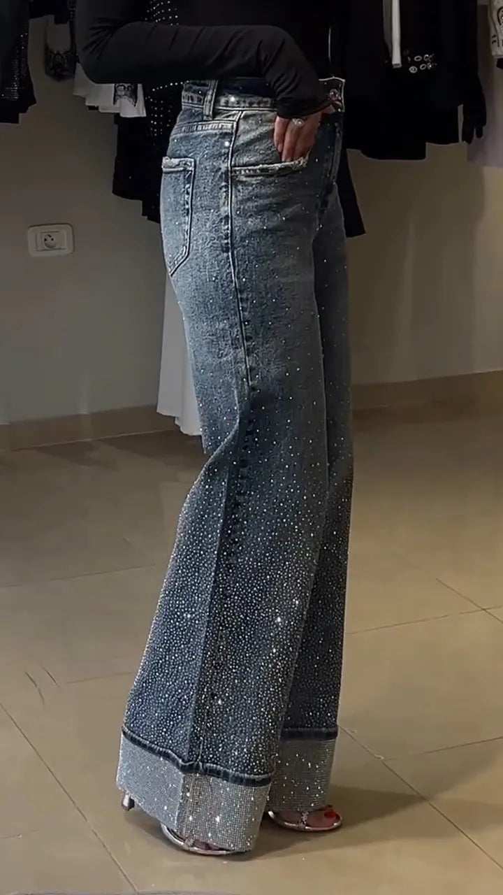 Women Rhinestone Washed Stitching Casual Jeans