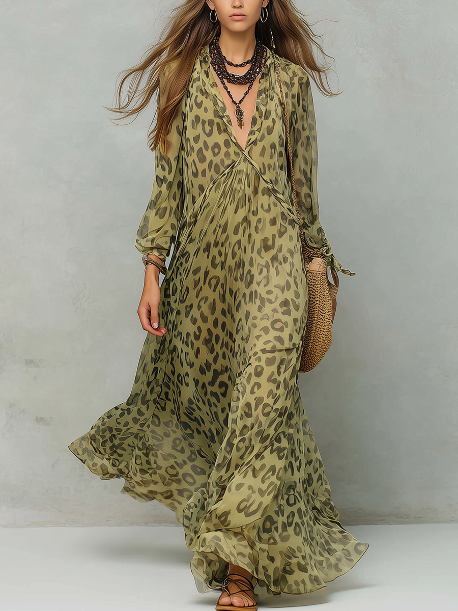 Olive Green Leopard Print Chiffon Long-sleeved Bohemian Dress