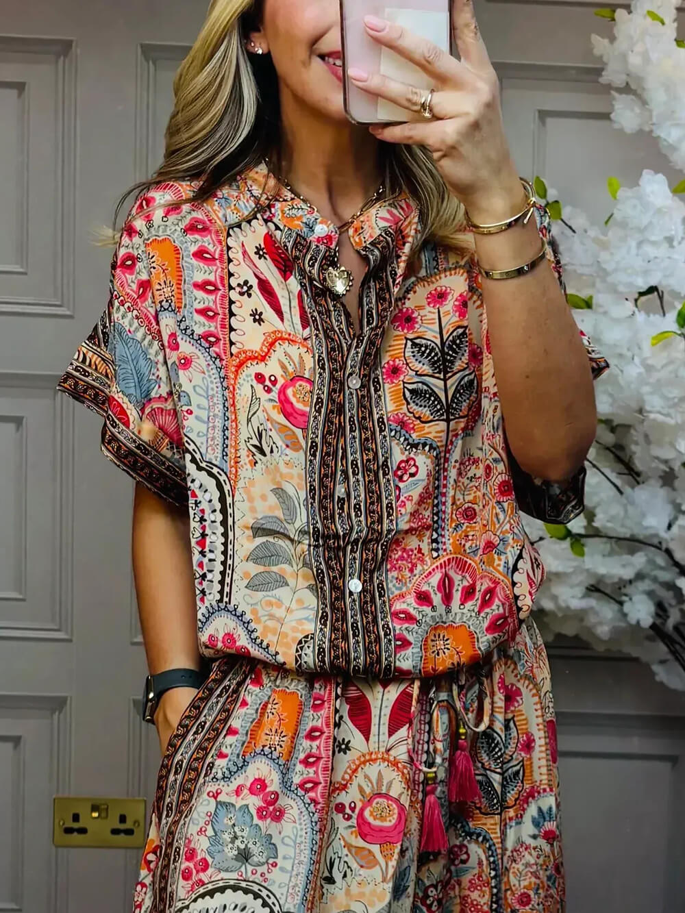 Boho Printed Fringe-Accented Loose Blouse