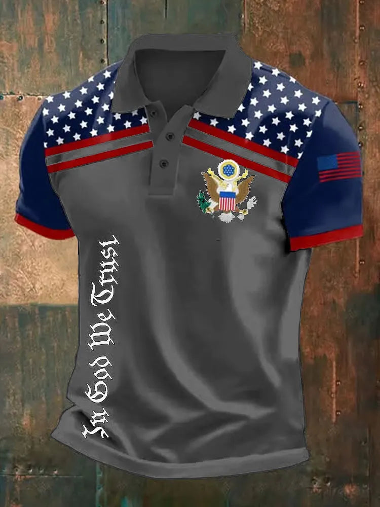 Men's Retro Independence Day In God We Trust Print Polo Shirt