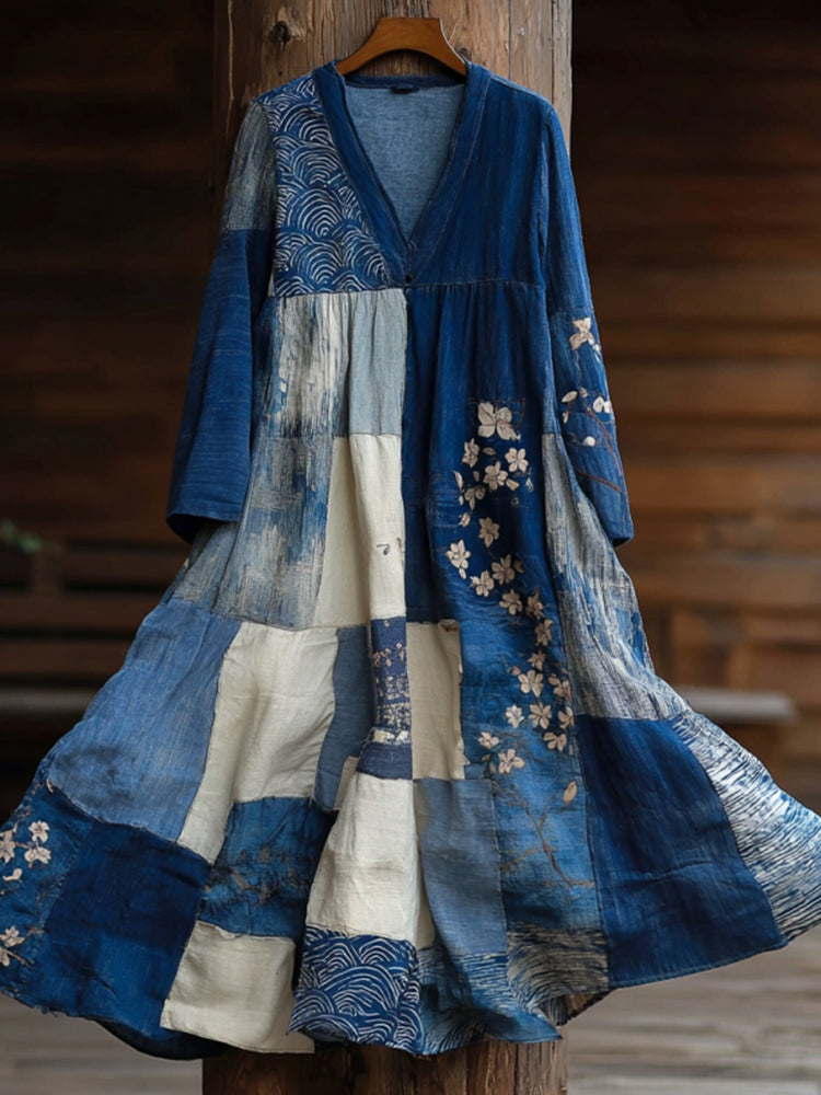 Women's Japanese Geometric Cherry Blossom Embroidery Patchwork Cotton And Linen Dress