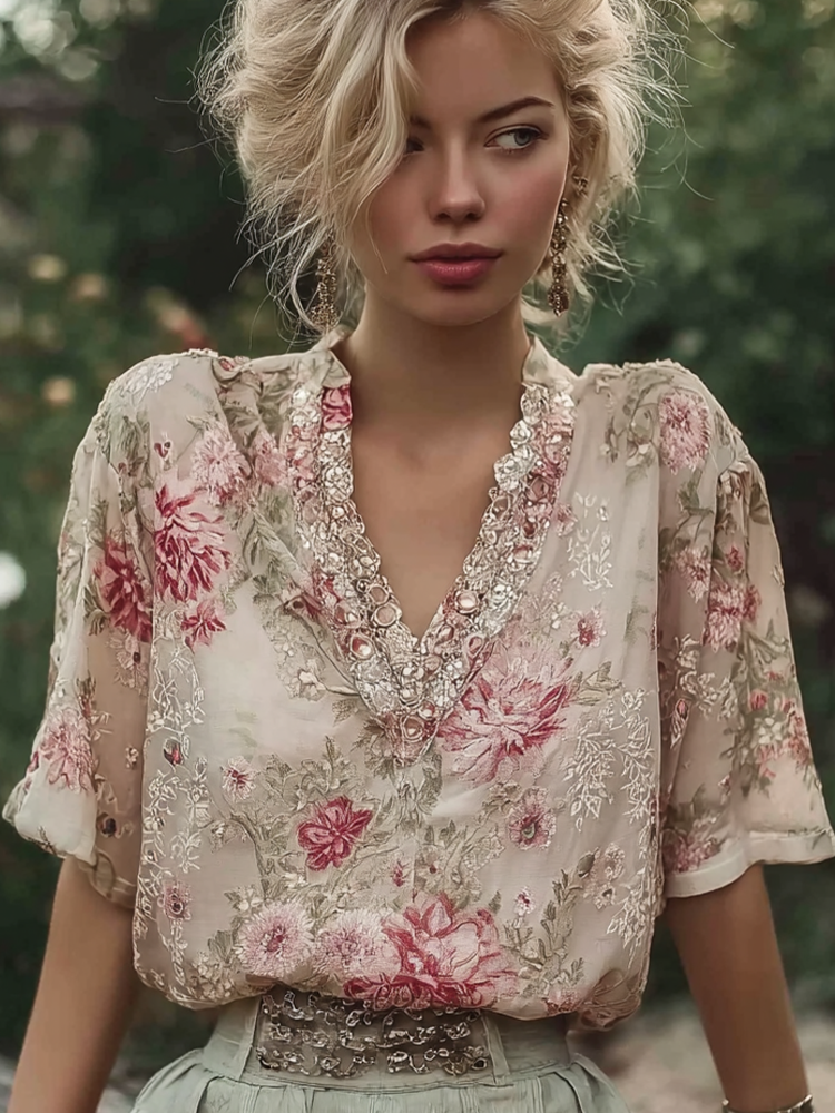 Bohemian Retro Countryside Style Plant Flower Design Cotton And Linen Women's Short-sleeved Shirt