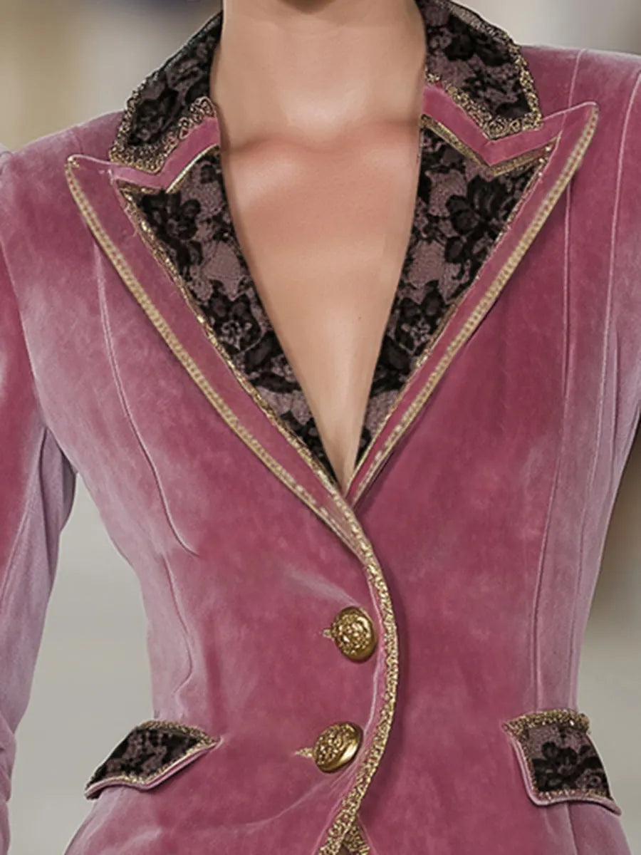 Pink Velvet Collar Lace And Gold Ribbon Blazer