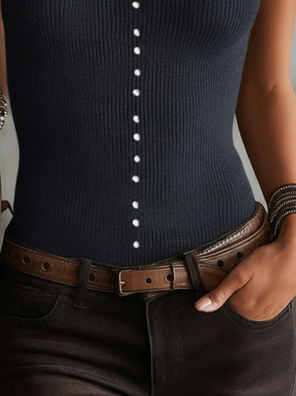 24-Hour-Shipping Gray Ribbed Knit Sleeveless Vest With Pearl Button Detailing