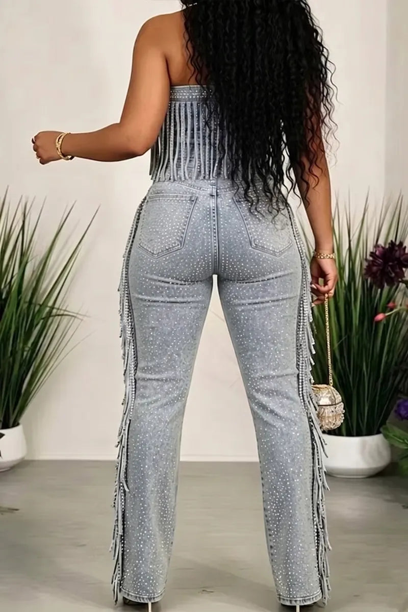 Women's Denim Jumpsuit with Tube Top, Fringe Trim & All-Over Rhinestones