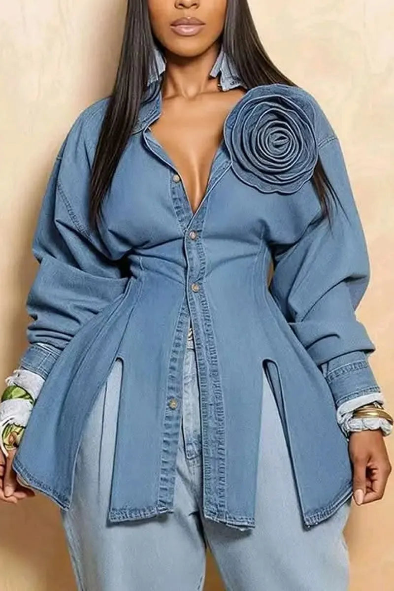Women Fashion Handmade 3D Flower Fitted Waist Side Slit Long Denim Blouse