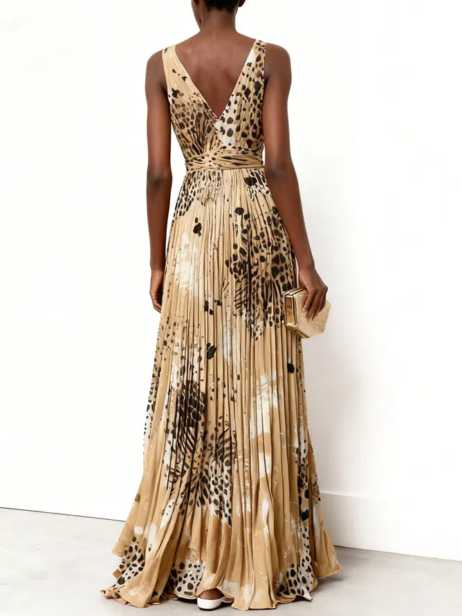 Apricot Pleated Floral Chiffon V Neck Sleeveless A-Line Maxi Dress
