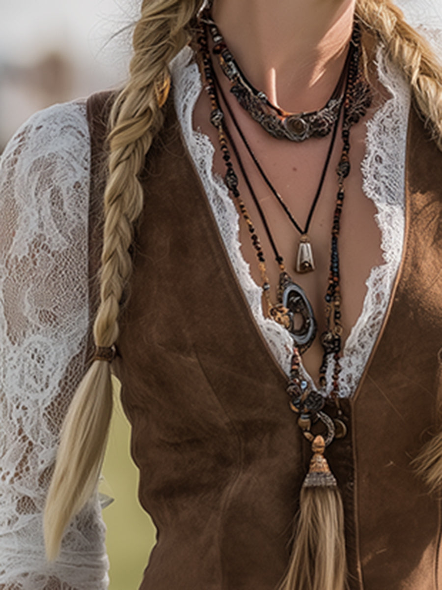 Romantic Western Style Lace Sleeves Brown Suede Shirt