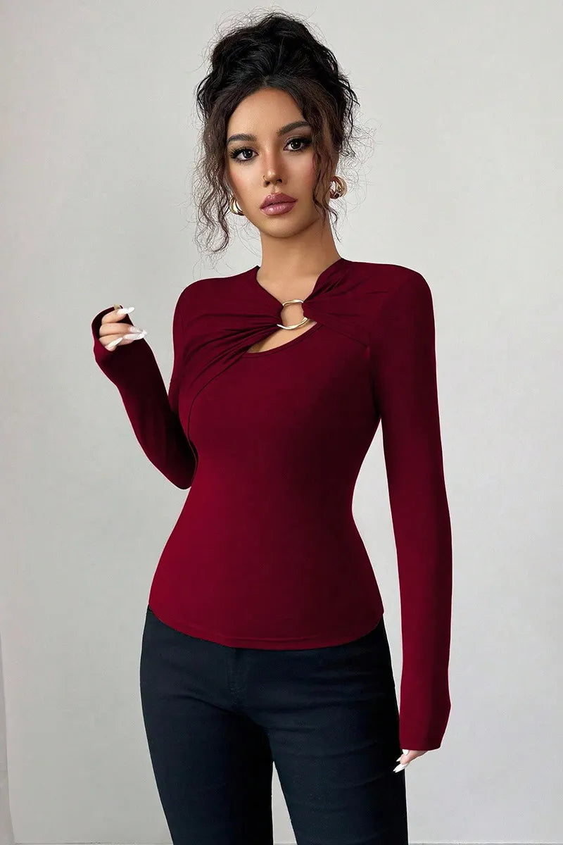 Lady's Asymmetric Hollow-Out Metal Decoration Top