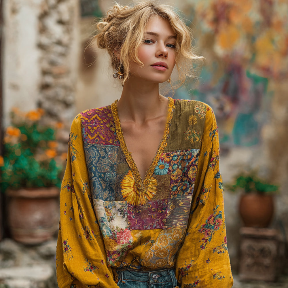 Vintage Bohemian Patchwork Art Floral V-neck Long-sleeved Cotton And Linen Top