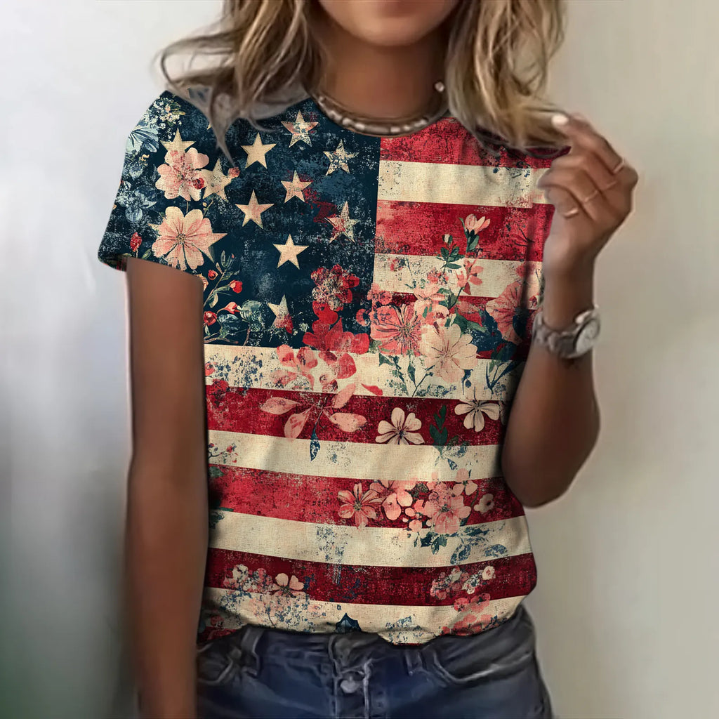 Women's Independence Day Flag And Floral Print T-shirt