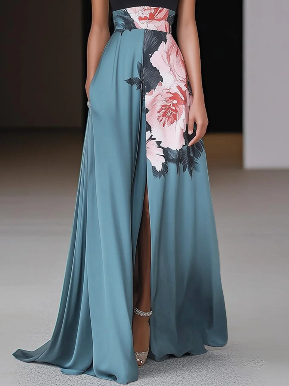 Black Slit Floral Classic Crew Neck Sleeveless A-Line Maxi Dress