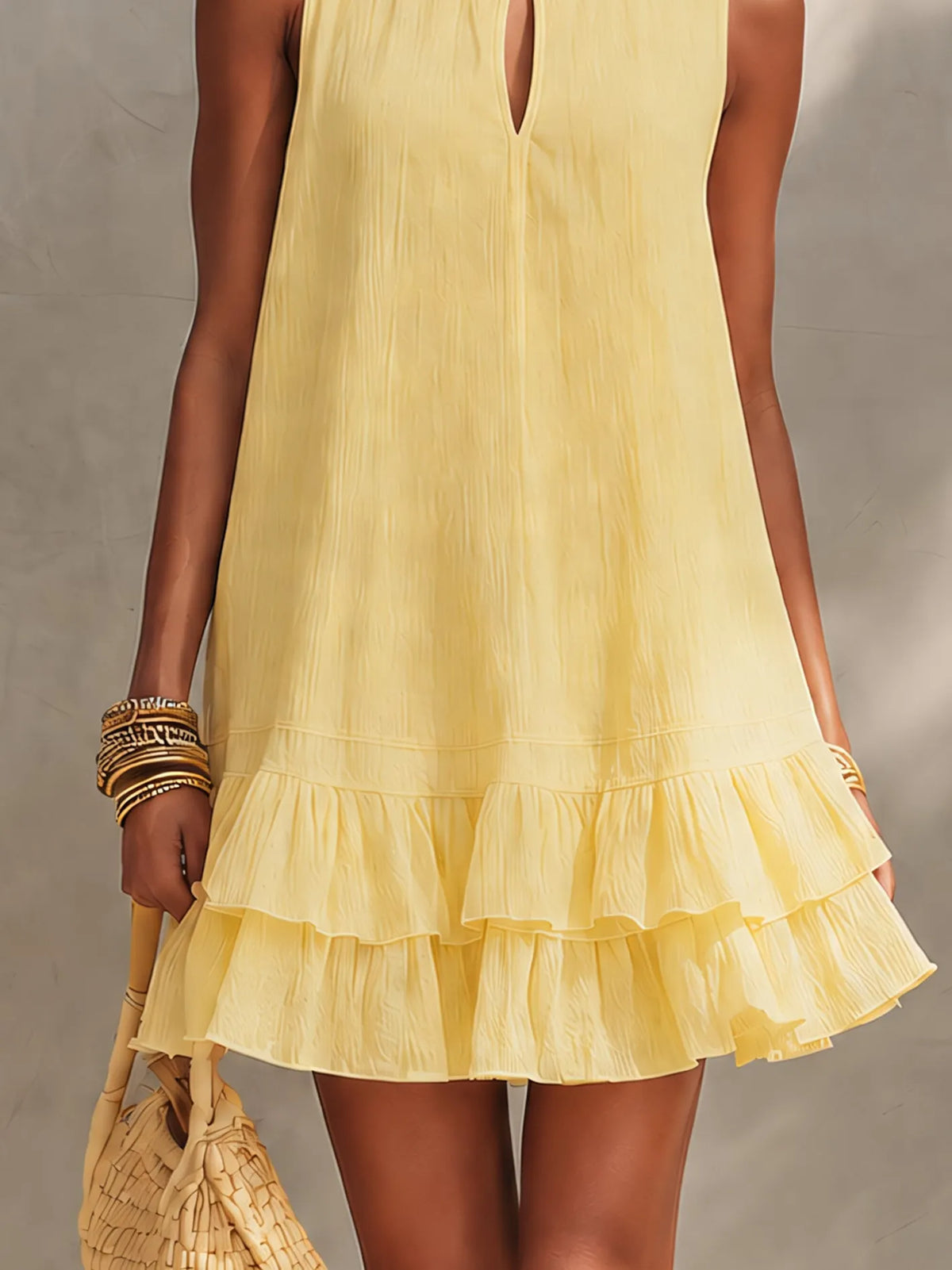 Yellow Textured Sleeveless Mini Dress With Ruffle Hem