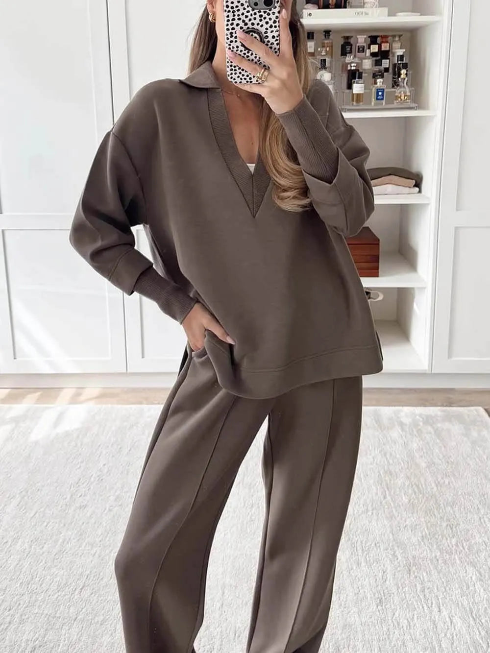 Casual Brown V-Neck Long-Sleeved Sweatshirt & Elastic Waist Pants Set